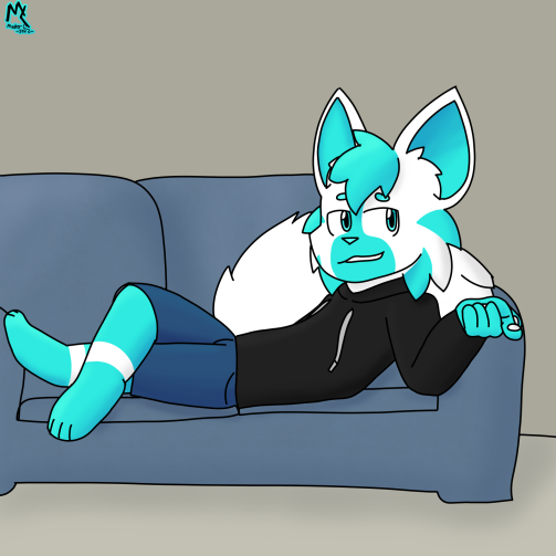 Exto sitting on a couch